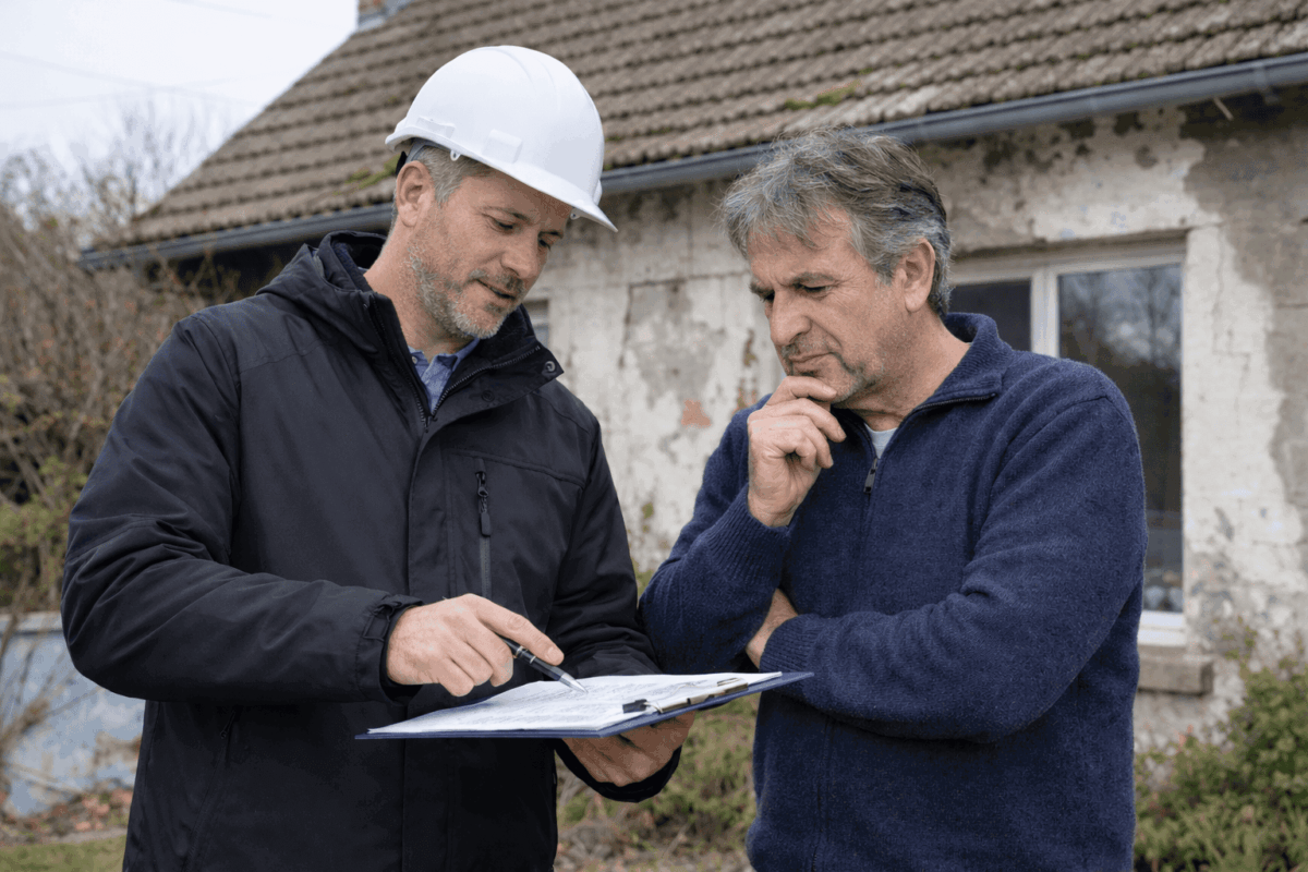 Auditeur énergétique avec propriétaire devant une passoire thermique