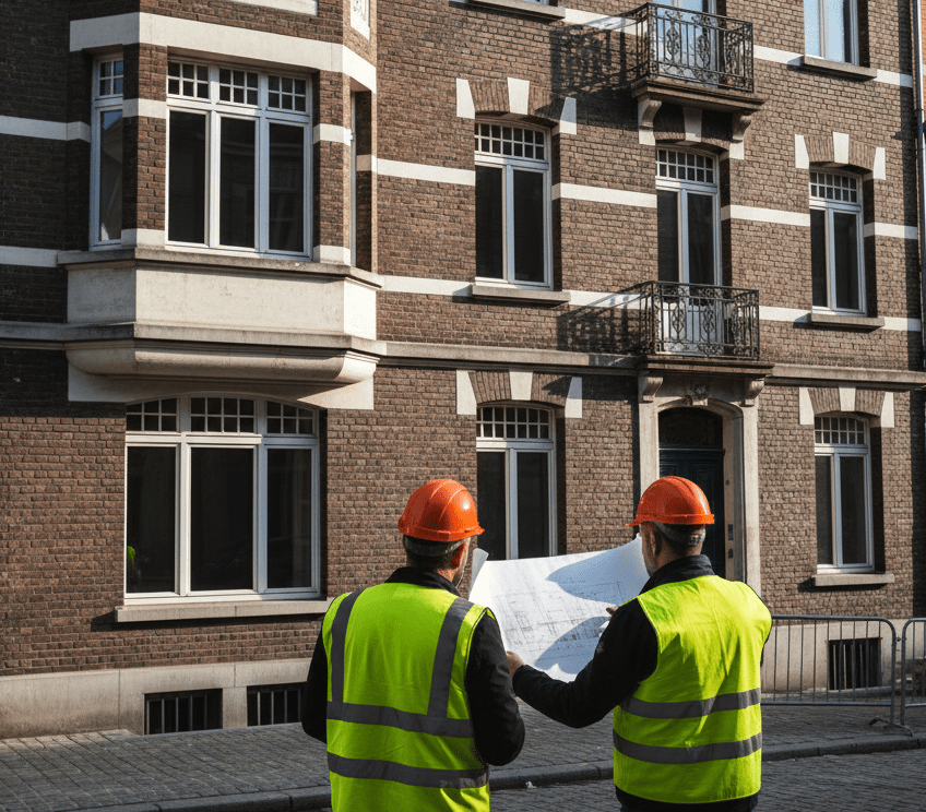 Techniciens réalisant un projet plan pluriannuel de travaux